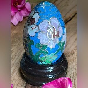 Vintage Tiny Cloisonné-Style Hand-Painted Ceramic Egg with Wooden Stand